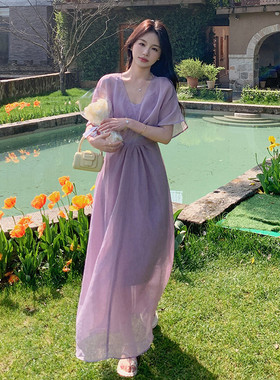 夏款首发 V领烟熏紫两件套 连衣裙 2C122-8822-P140-K218