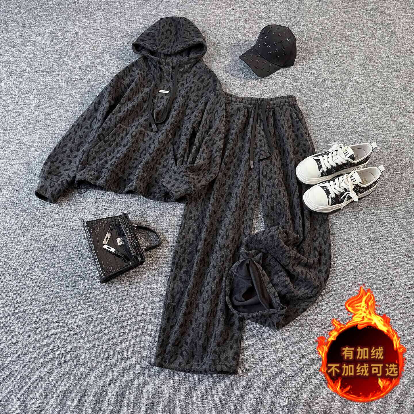 韩系宽松显瘦时尚套装女秋冬新款豹纹套头连帽卫衣直筒长裤两件套