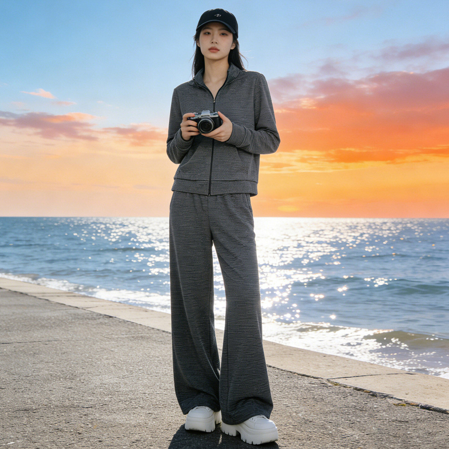 欧货时尚休闲运动套装修身显瘦女春季新款立领卫衣直筒长裤两件套