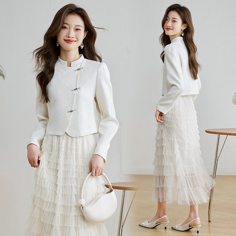 新中式套装2024年秋装时尚两件套改良复古外套蛋糕裙纯色中长款