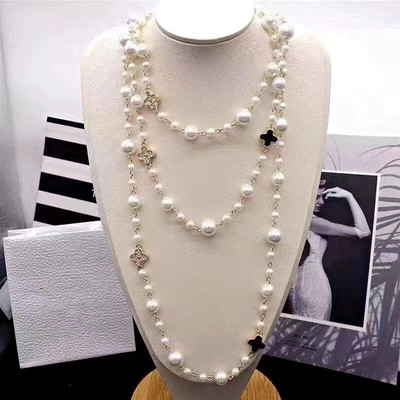 日韩长款珍珠项链多层四叶草毛衣链女韩版2021年新款潮时尚款双层