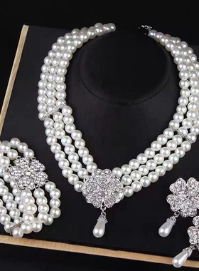 新款法式气质花朵镶钻水滴珍珠多层项链个性设计感轻奢高级感项饰