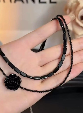 黑色玫瑰花串珠双层项链锁骨链女小众设计时尚复古简约百搭精致