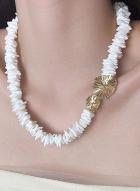 欧美小众轻奢设计款不规则天然贝壳褶皱项链高级感花朵项链锁骨链
