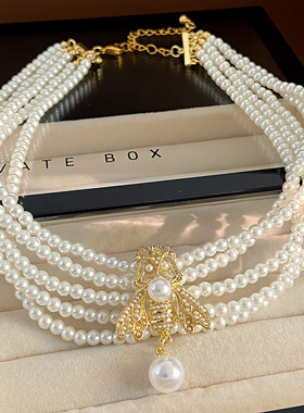 法式气质蜜蜂多层珍珠项链个性夸张锁骨链小众高级感轻奢复古项饰