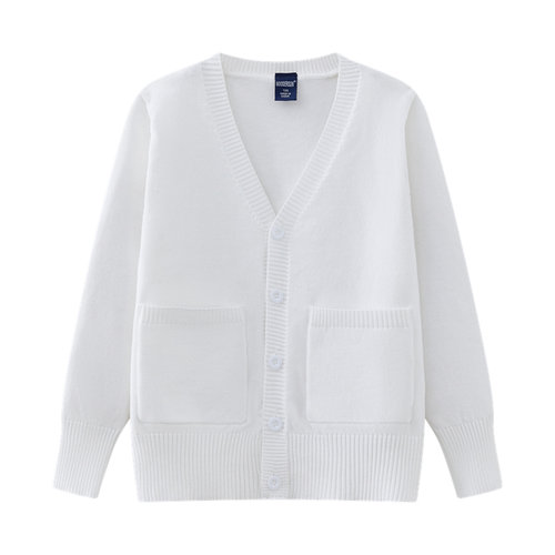 纯色V领针织开衫儿童学院风纯棉口袋毛衣学生 百搭纯色针织外套