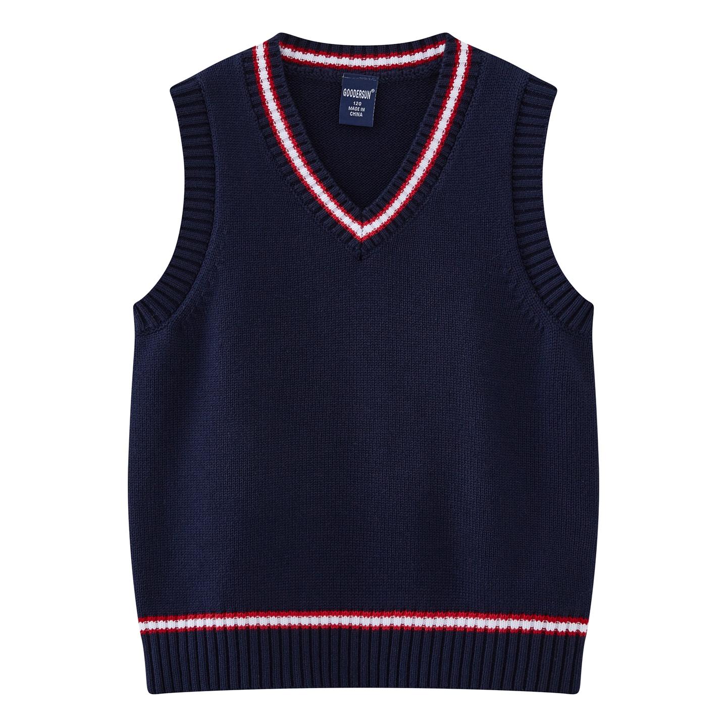 童装学院风藏蓝V领针织背心 男女童春秋款红白条纹无袖毛衣马甲