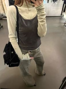 韩版高领丝绒修身打底衫+叠穿吊带背心两件套女2025冬季新款套装