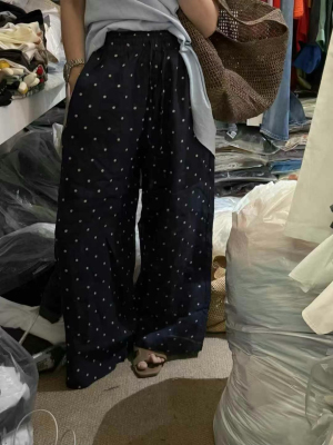 韩系夏新款松紧腰波点苎麻九分裤宽松显瘦百搭阔腿裤女时尚休闲裤