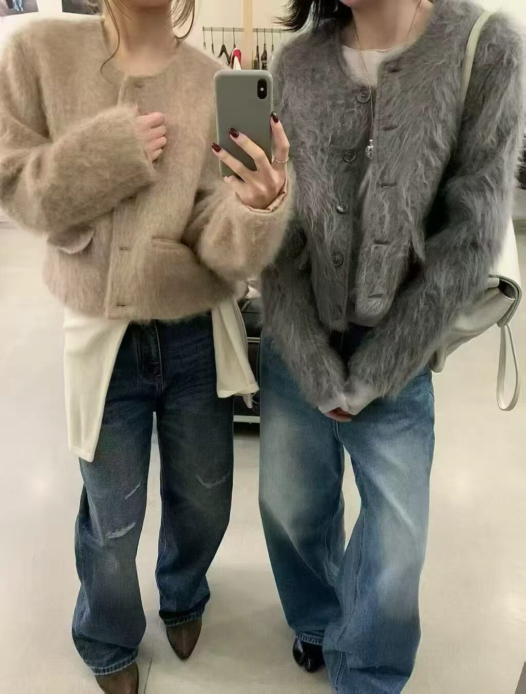 拉绒三重拉毛桑蚕丝羊绒羊毛混纺毛毛外套圆领宽松小个子皮草大衣