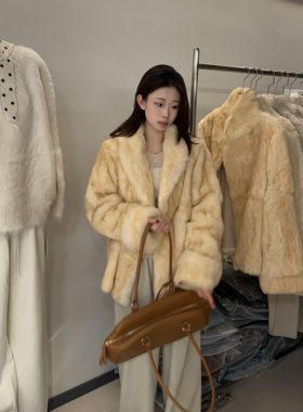 晨妍同款 中古黄金 皮毛一体100%兔毛皮草外套女冬季新款加厚上衣