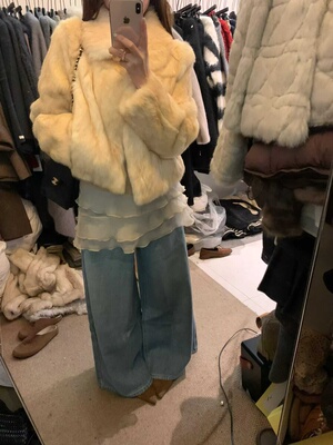 韩系翻领兔毛双色定染气质皮草保暖毛毛外套女可立领磁吸领口上衣