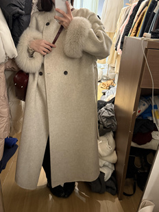 高级感燕麦色双面羊毛大衣女秋冬可拆卸袖口狐狸毛中长款毛呢外套