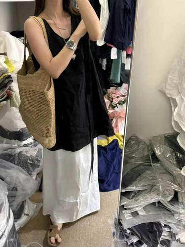 韩系夏新款时尚百搭复古法式无袖背心女宽松显瘦飘带亚麻短款上衣