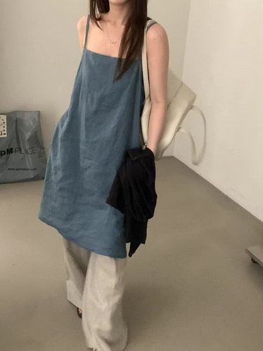 韩系苎麻无袖吊带连衣裙女夏中长款纯色显瘦A字宽松高级感背心裙