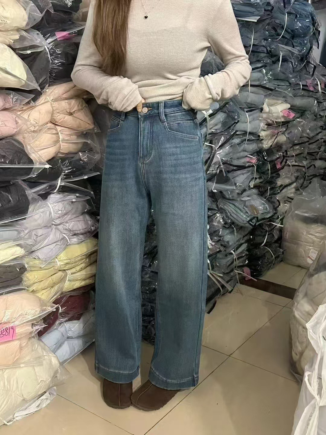 韩系高腰直筒牛仔裤女24冬新款显瘦百搭宽松阔腿裤加绒加厚九分裤