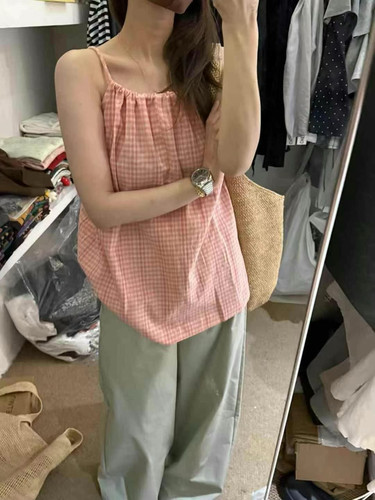 韩系26夏新款粉色格子后背系带设计感吊带背心女宽松显瘦百搭上衣