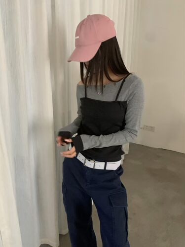 韩系设计感撞色长袖斜肩t恤女26秋季新款修身显瘦假两件小众上衣