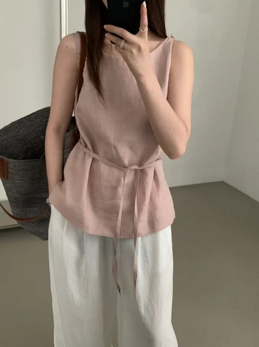 ~100亚麻扭结背心女夏气质绑带无袖上衣