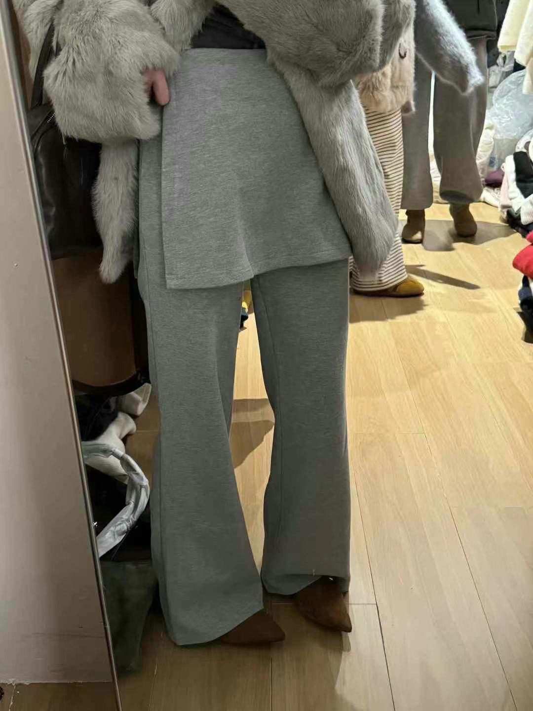 韩系设计感羊毛微喇屁帘喇叭裤女24冬新款假两件加绒小众直筒长裤