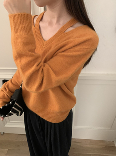 韩国东大门挂脖浣熊绒针织衫 纯色软糯小心机套头毛衣 女24秋冬新款