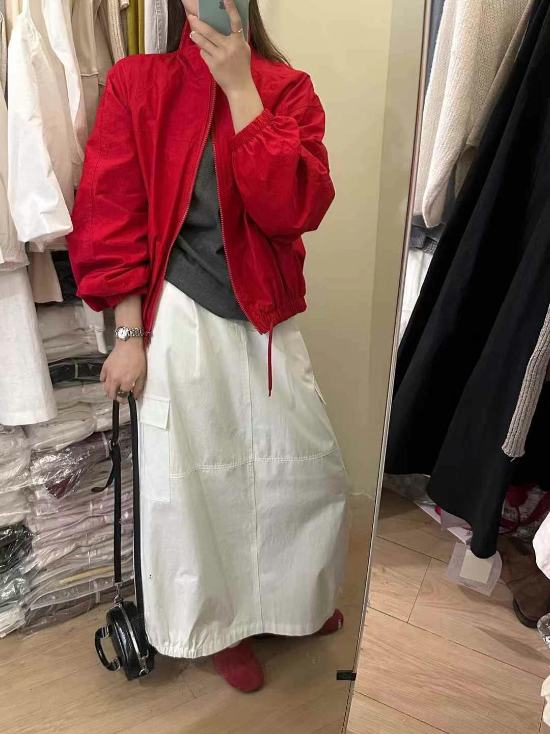 韩系25春新款立领下摆抽绳红色短款外套女宽松显瘦百搭速干防晒衣图片