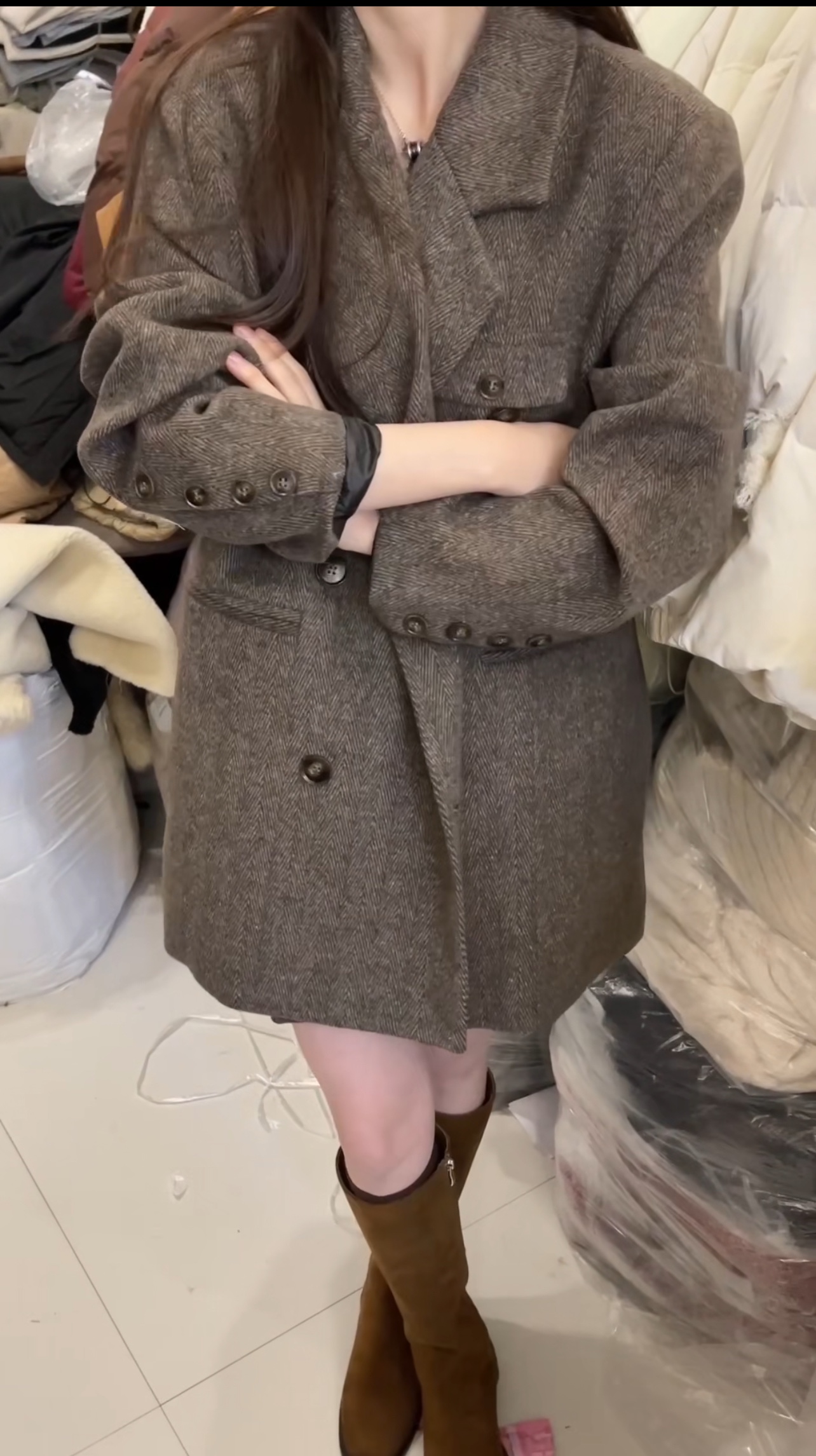 高级感毛呢西装外套女2025冬季新款小个子宽松气质中长款羽绒大衣