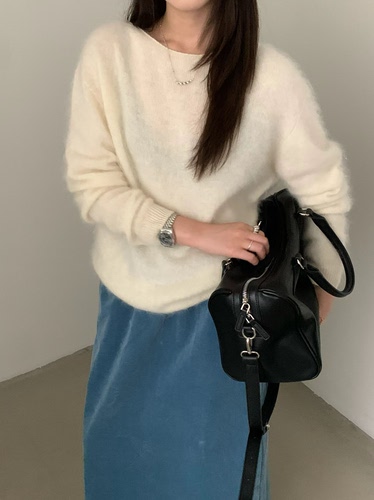 韩系羊毛拉毛圆领套头毛衣女秋冬新款软糯保暖宽松显瘦针织上衣