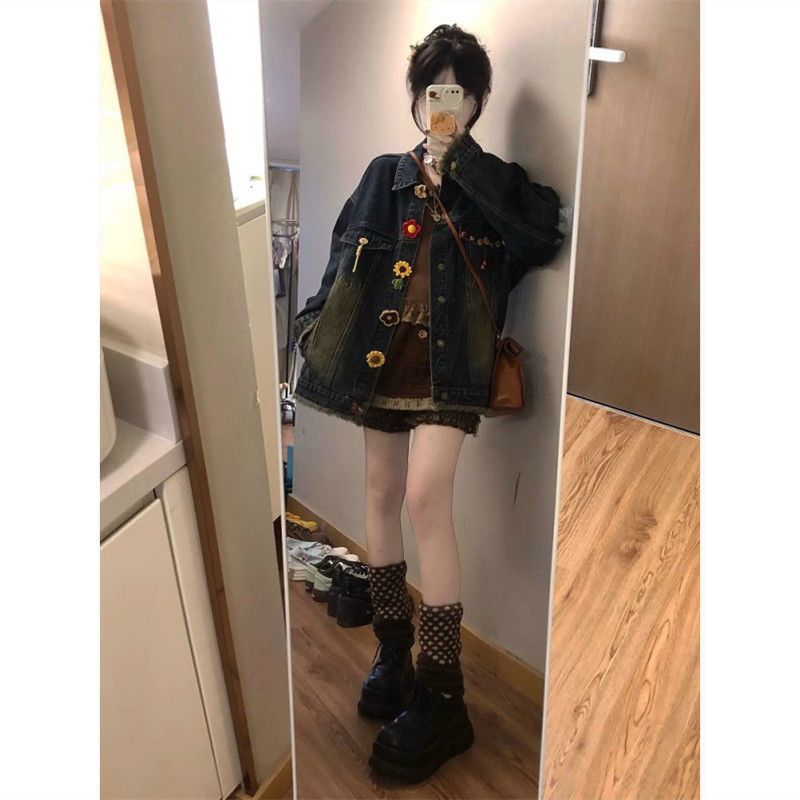 美式复古安哥拉红牛仔套装女2024秋新款重工牛仔外套+短裙两件套
