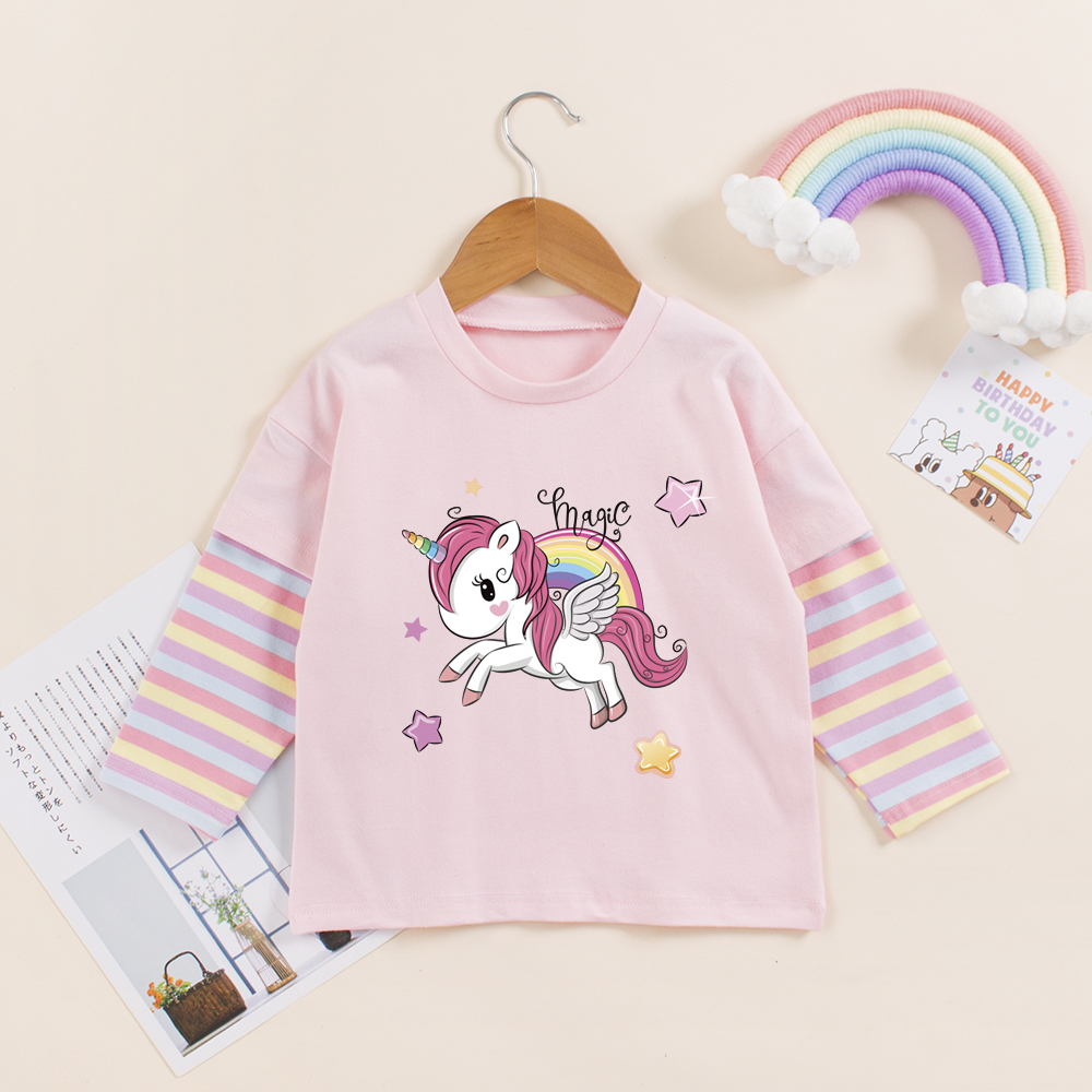 独角兽衣服女童t恤长袖2025新款休闲可爱假两件女孩儿童彩虹上衣