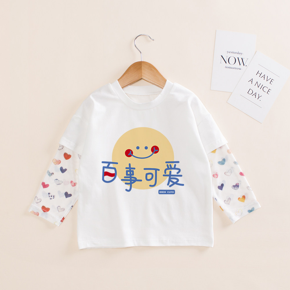 女童宝宝上衣假两件夏季花臂长袖笑脸T恤薄款儿童纯棉防晒衣服潮