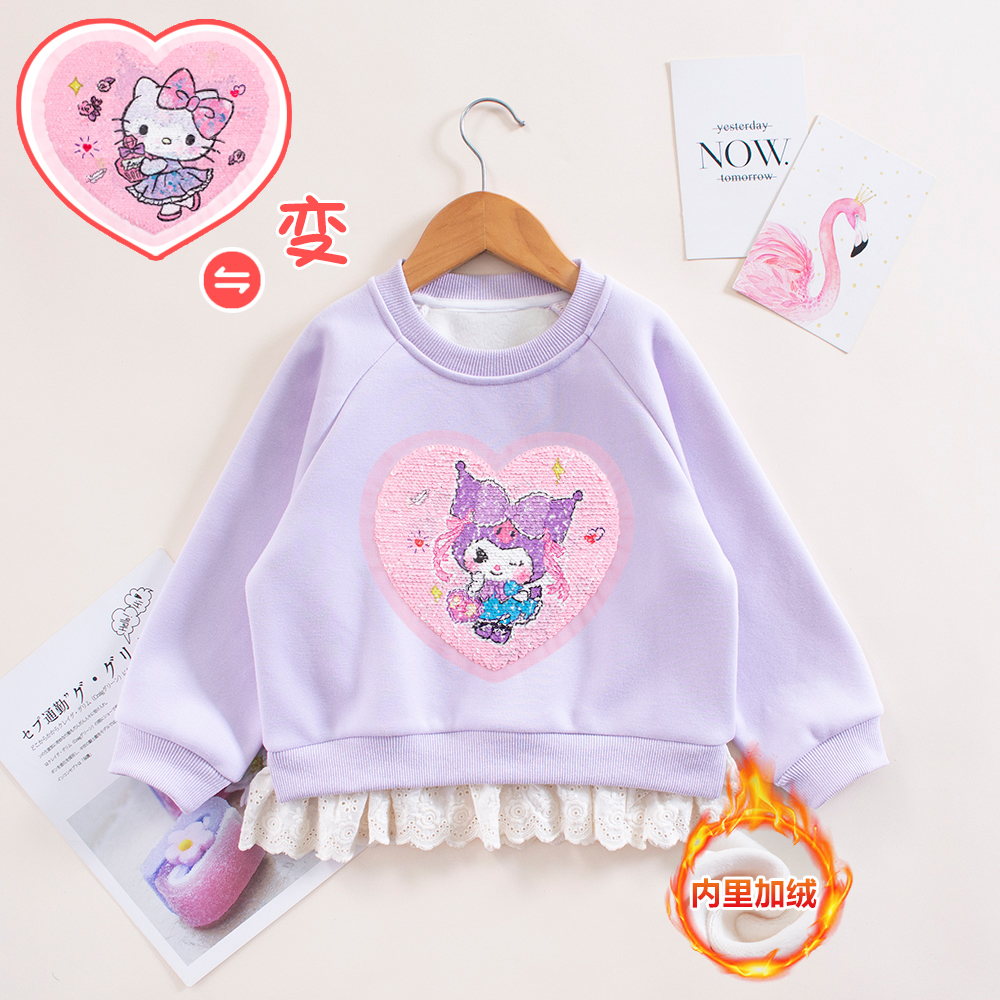 女童秋冬加绒卫衣花边假两件上衣