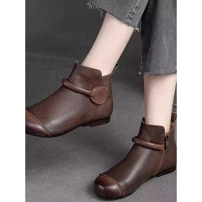 品牌撤柜真皮秋冬厚底软底舒适牛筋底短靴女单鞋中老年休闲妈妈鞋