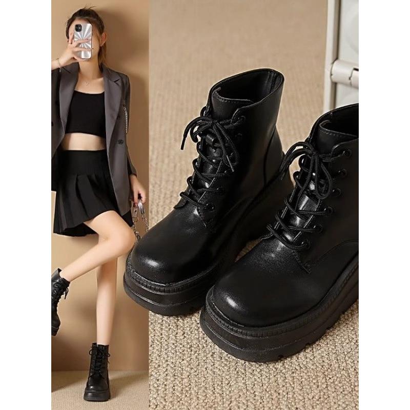 品牌撤柜真皮厚底小个子增高马丁靴女英伦风炸街坡跟松糕底短靴