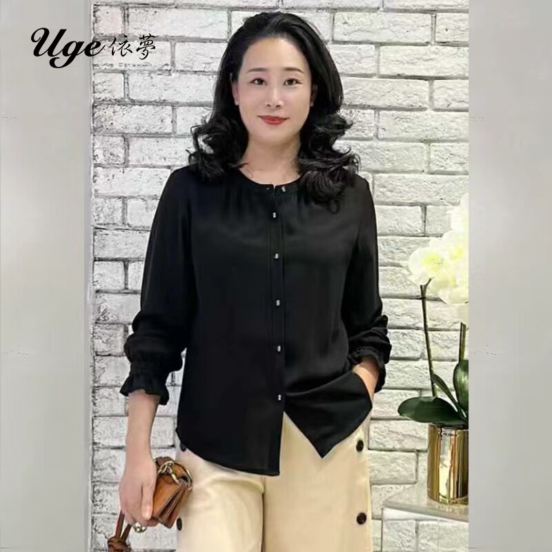 依梦新款时尚袖口荷叶设计黑色长袖衬衣05253664
