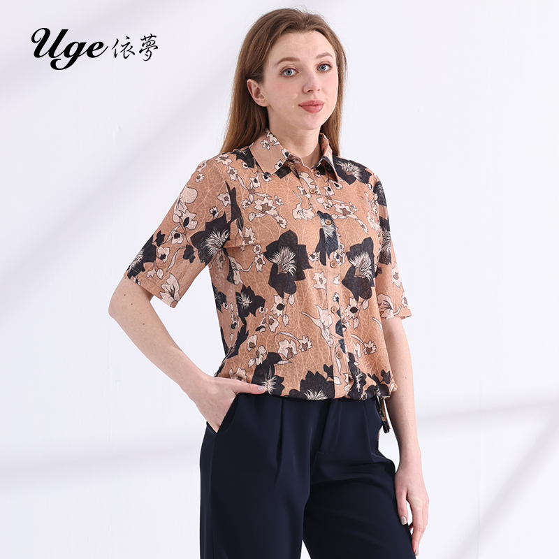 UGE/依梦夏季 新款女士妈妈装翻领单排扣开衫短袖百搭上衣大码T恤