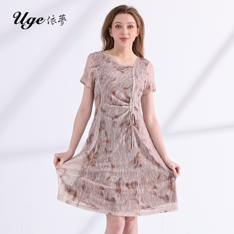 UGE/依梦夏季新款女士复古花色套头裙短袖收腰连衣裙大码修身裙子