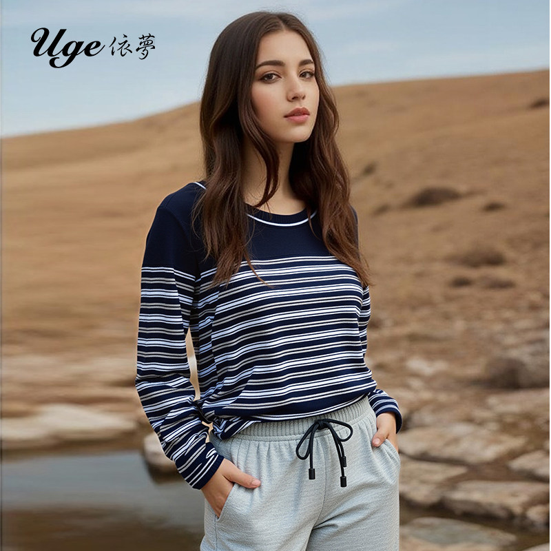 Uge依梦时尚休闲条纹设计蓝色圆领上衣04253659