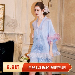 夏季 渐变鸵鸟毛可拆卸胸垫睡衣女两件套仿真丝冰丝家居服缎面套装