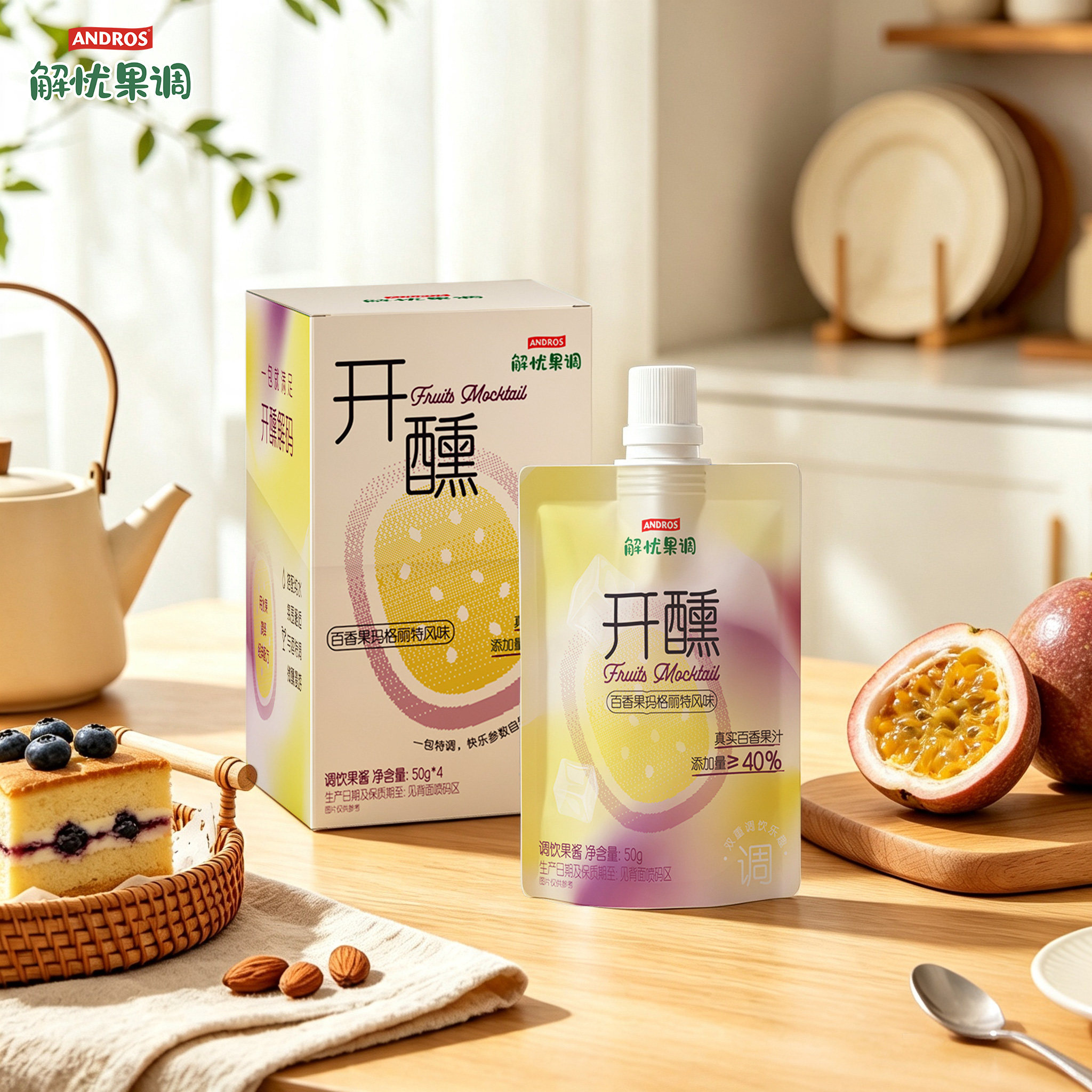andros解忧果调开醺无酒精调饮果酱50g*4袋芭乐果百香果冲饮果汁