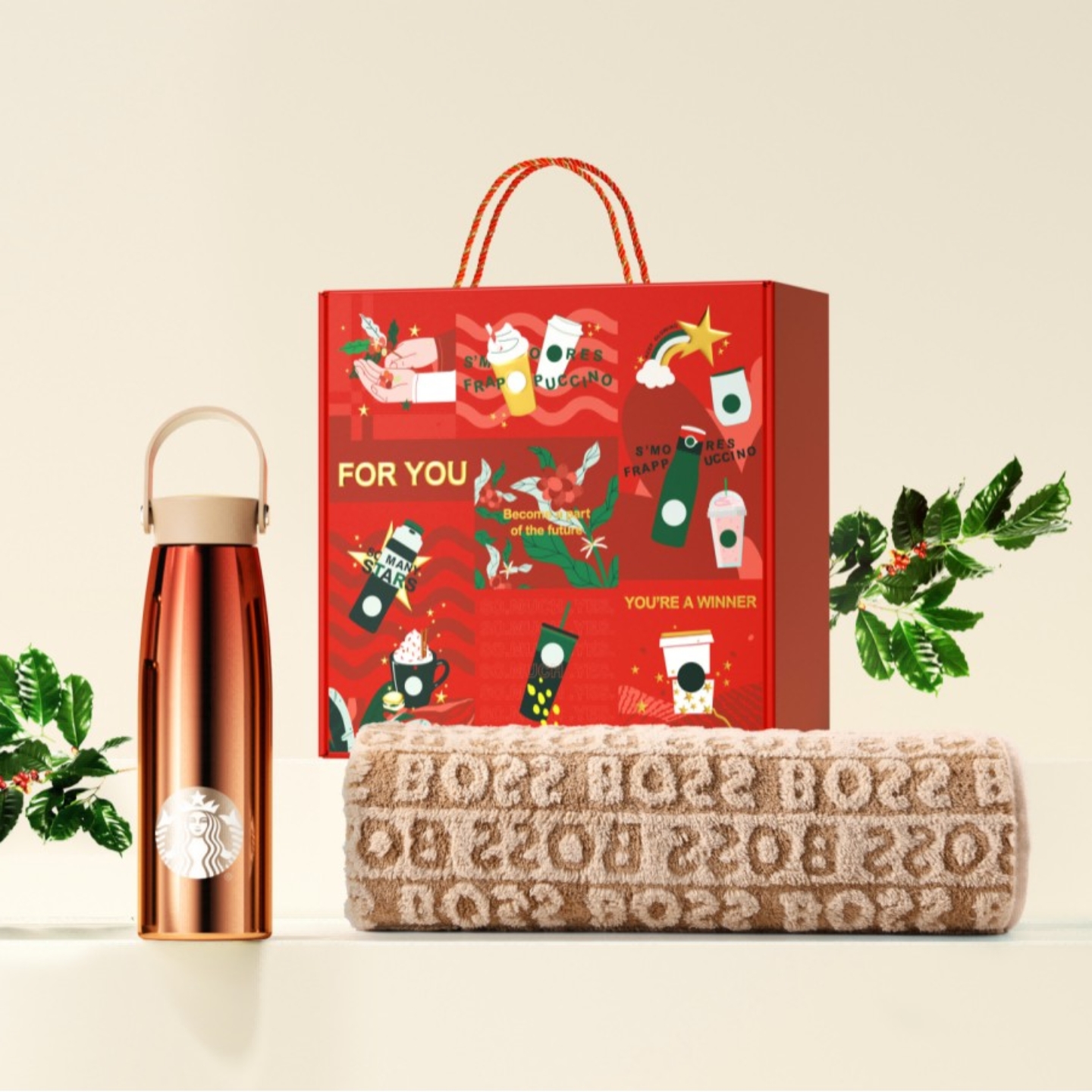星巴克甄选创意礼盒套装开运红不锈钢提手杯BOSS浴巾毯组合送礼物