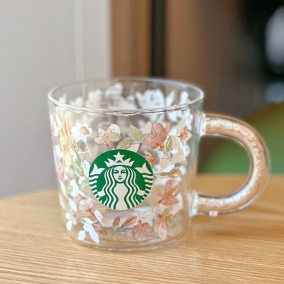 星巴克杯子清仓特价优惠简约高颜值355ml粉色樱花透明桌面玻璃杯