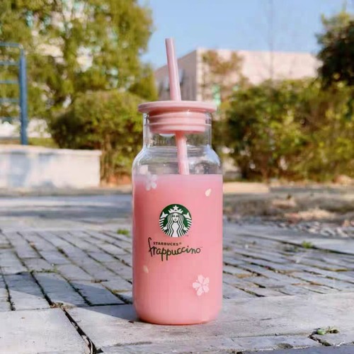 星巴克杯子清仓特价优惠简约高颜值500ml粉色樱花桌面玻璃吸管杯