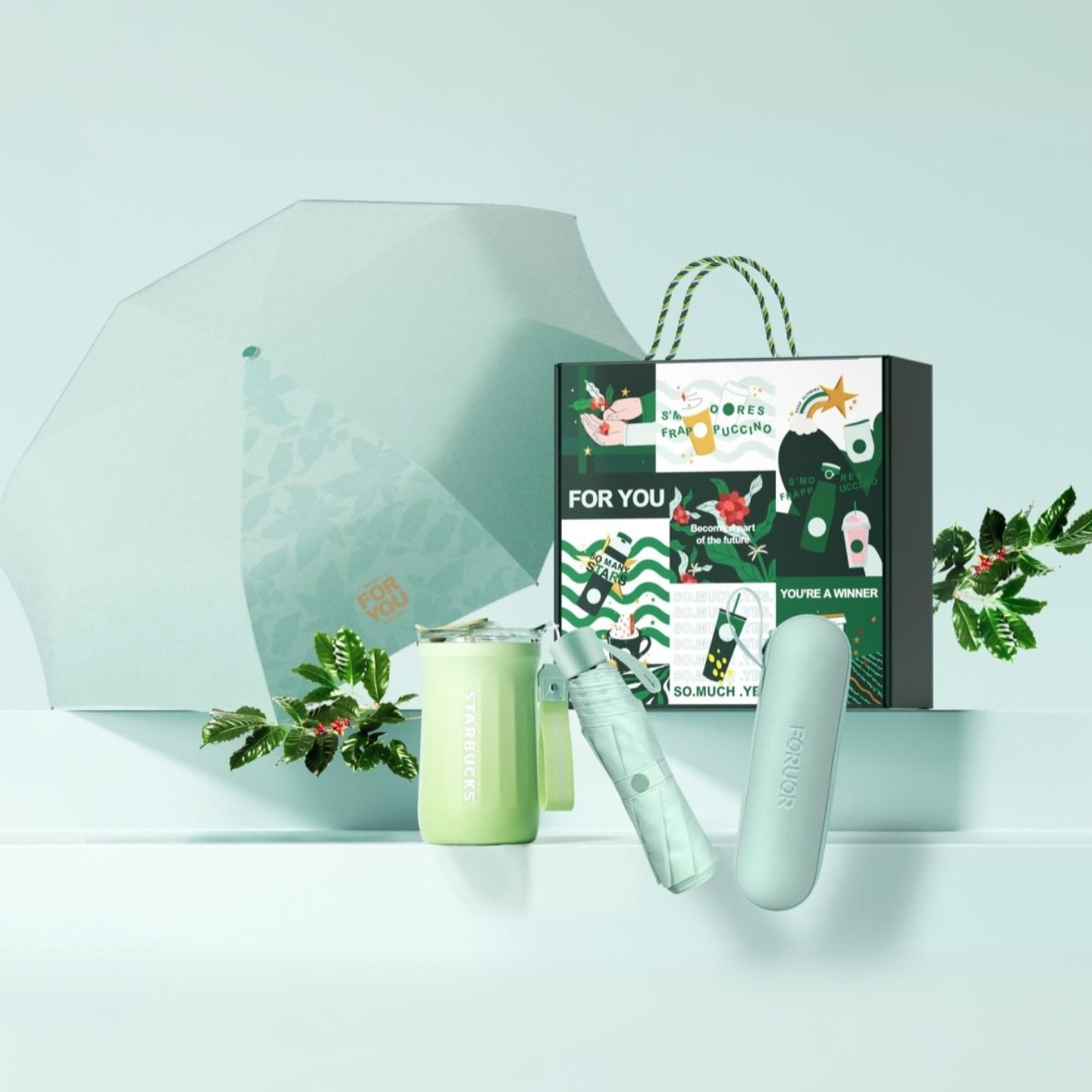 星巴克甄选创意礼盒套装小清新菱纹咖啡杯云朵折叠胶囊伞送礼组合