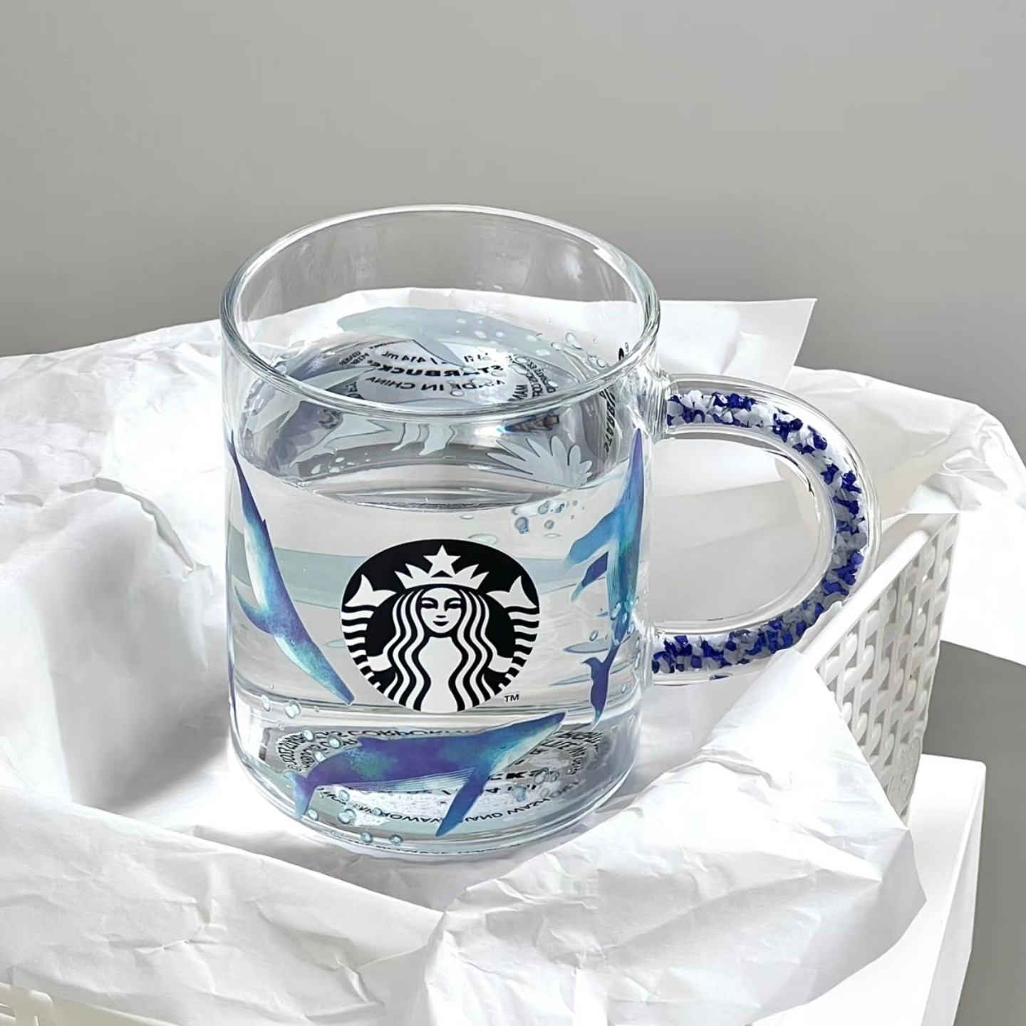 星巴克杯子清仓特价优惠简约高颜值耐高温蓝色海洋鲸鱼水钻玻璃杯