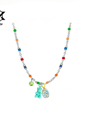 正品徐梦洁同款tatiana小熊项链女甜酷糖果色彩色橡皮熊锁骨颈链