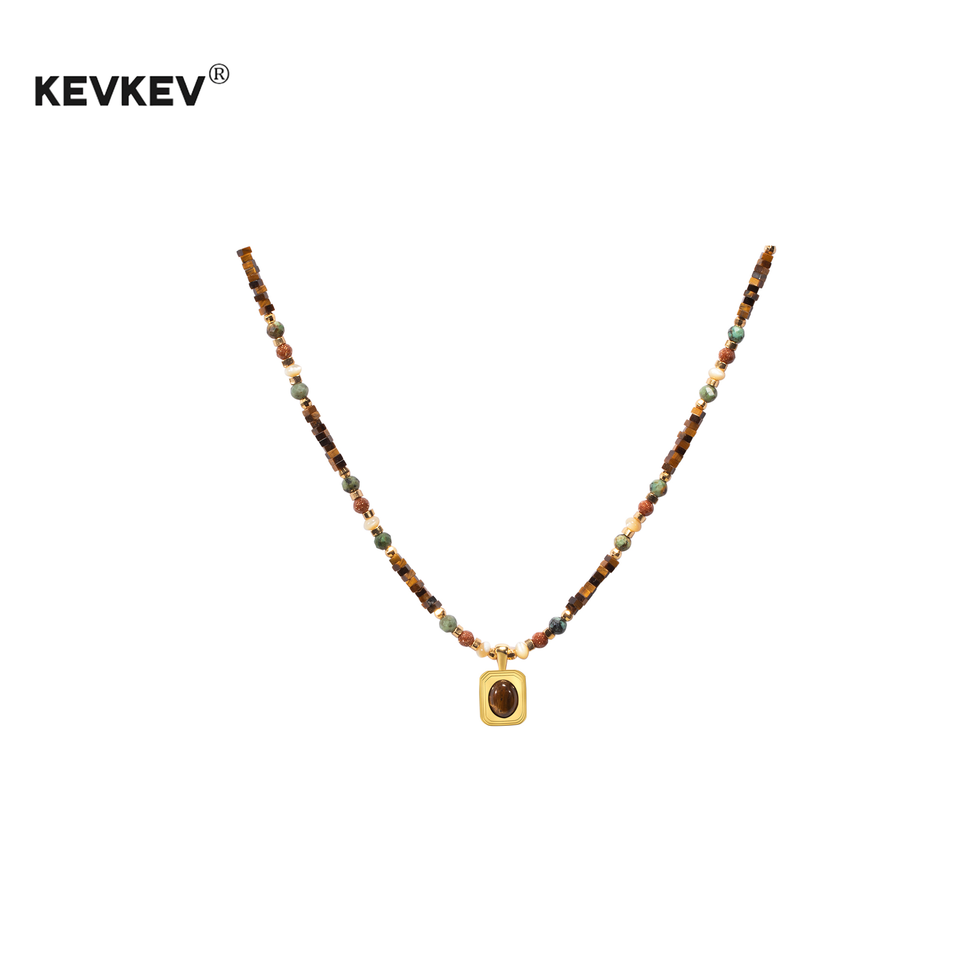 kevkev正品天然虎眼石方糖吊坠串珠项链复古夏日度假风七夕礼物女