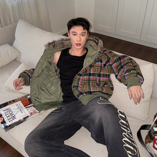 获衣局双面穿棉服男美式 复古连帽毛领派克格纹棉衣帆布军绿色宽松