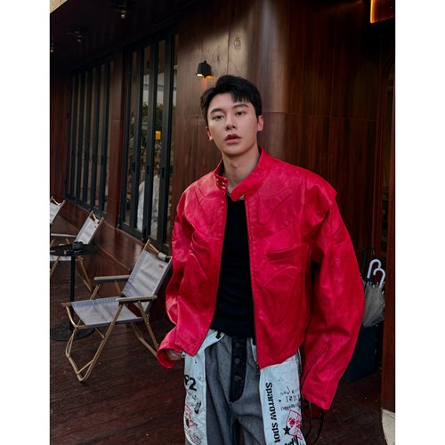 获衣局机车皮衣重工拼接立体短款