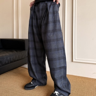获衣局 美拉德磨毛呢料撞色格子松紧腰宽松休闲复古慵懒百搭长裤